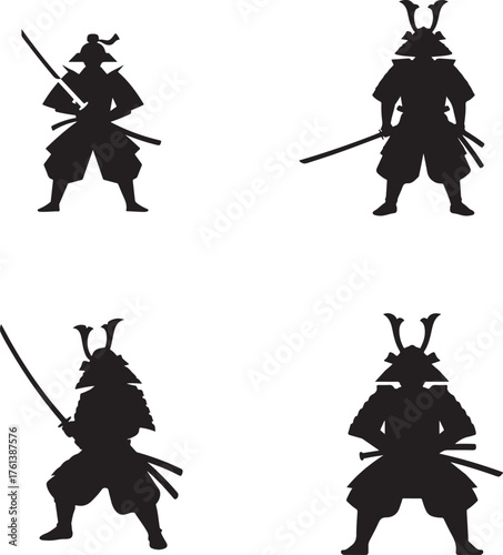 Dynamic collection of ancient Japanese samurai warrior silhouettes, showcasing traditional armor and combat poses with katanas, ideal for historical, cultural, and martial arts themes in