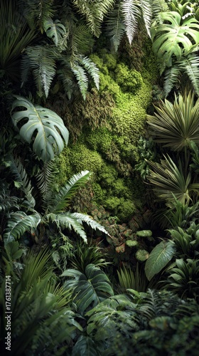 A lush green jungle with a mossy wall and a large leafy plant