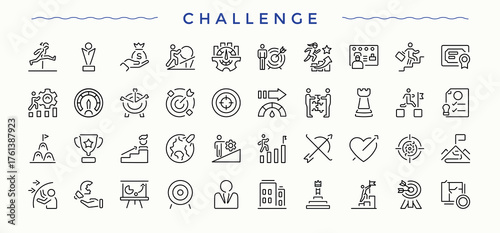 Challenge icon set. Modern thin line style icons. Includes symbols for target, difficulty, exam, achievement, work. Editable vector. Exam icon set.