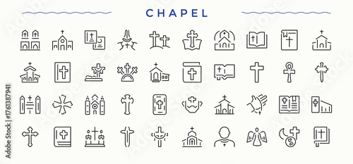 Chapel Religion icon. Includes symbols for catholic, bible, church, spirit, christian, catholicism, ritual and more. Icons for UI design. Editable stroke. Vector collection. Catholic icon set.