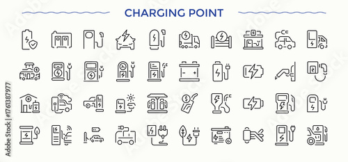 Charging point icon set. Contains related to electric, electricity, charge, eco, power, energy, electrical and more. Charging Station icon. Minimal thin line web icons set. Editable vector stroke.