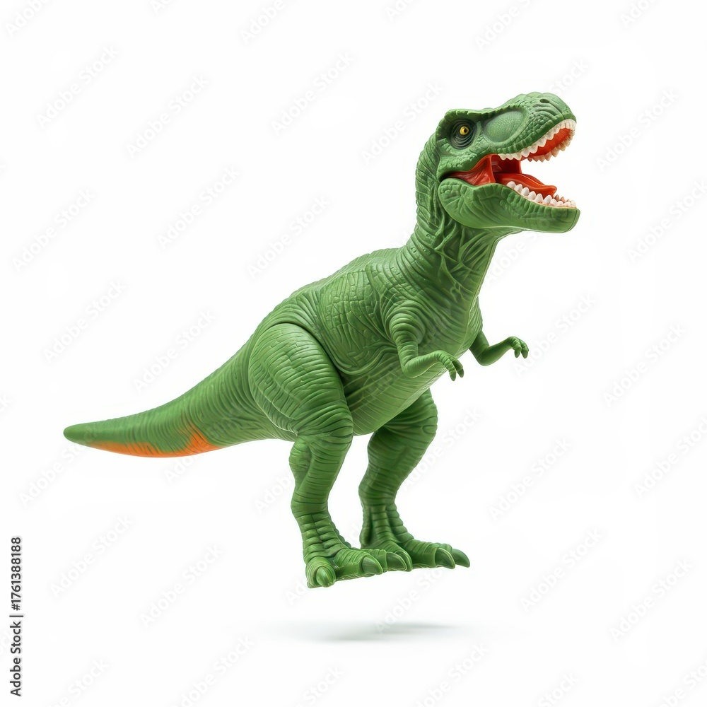 Obraz premium Green toy dinosaur with open mouth and orange tail accents.