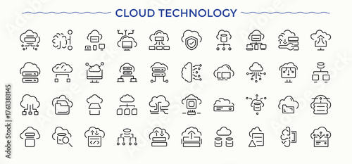 Cloud Technology icon set. Storage linear icon collection. Contains outline symbols like cloud, network, hosting, server, cloud server, computing, data and more. Art and illustration.