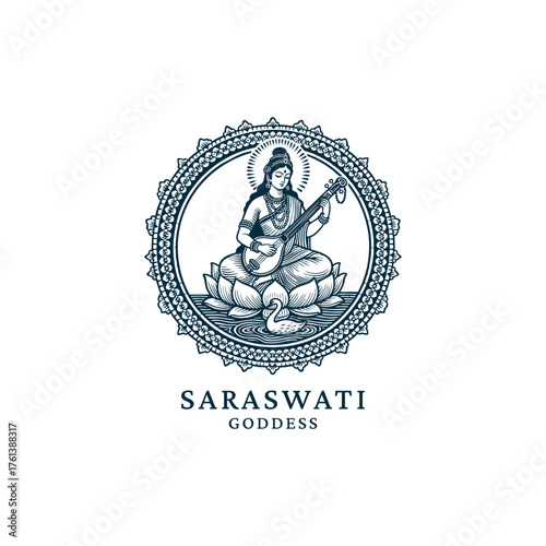 Vintage engraving of the Hindu Goddess Saraswati, the deity of knowledge, music, and the arts. This spiritual logo shows the graceful goddess seated on a lotus flower