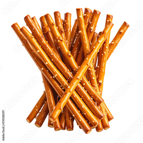 Pile of Shiny Salted Pretzel Sticks with Golden-Brown Crust and Visible Salt Crystals