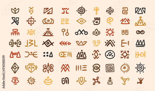 African tribal symbols Abstract geometric shapes doodle decoration set. Ethnic boho elements collection. Colorful mayan hand drawn design. 