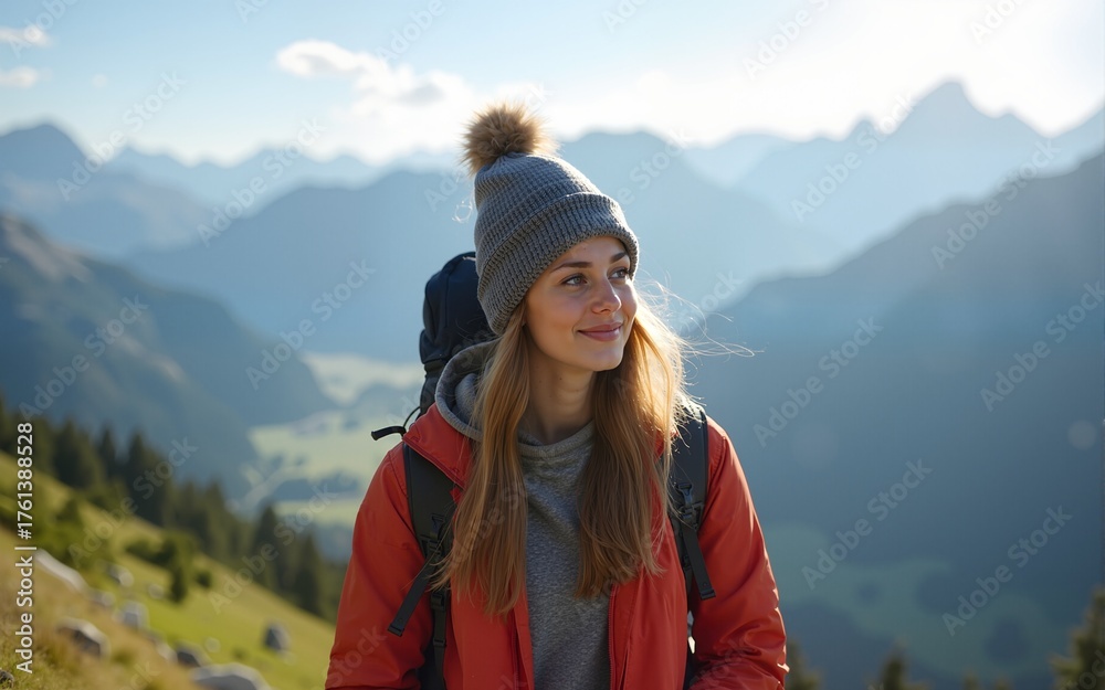 Naklejka premium Young woman traveler in Alps mountains. Travel and active lifestyle concept. High quality