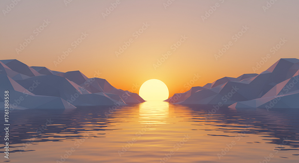 Naklejka premium Tranquil sunset scenery with water reflections and geometric mountains