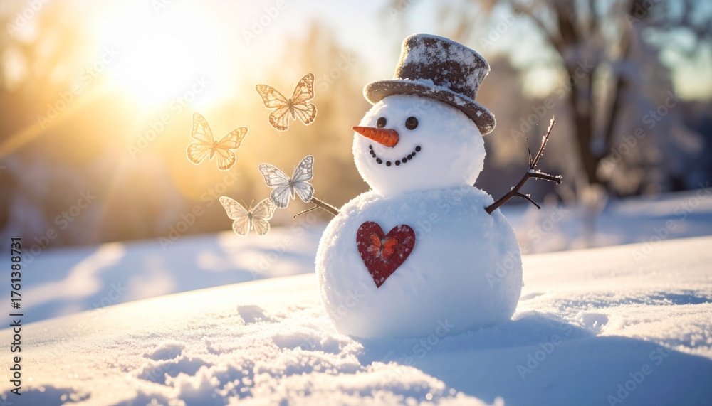 Obraz premium Festive Winter Scene of Snowman with Butterflies and Sunlight Scenery