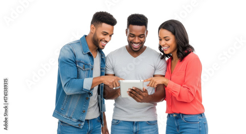 Joyful friends collaborating on a tablet device, sharing exciting digital content and creating lasting memories together.