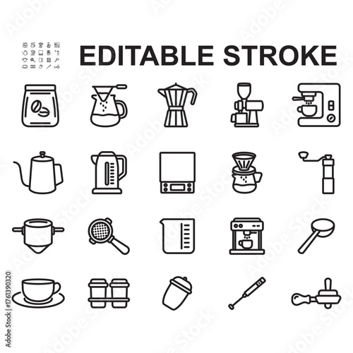 Coffee maker icon set. Thin line style vectors. Contains icons such as milk frothers, coffee grinders, filters, and more.