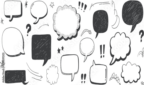 Hand drawn comic speech bubbles, doodle dialogue clouds, sketch cartoon message frames, blank thought balloons for design and storytelling