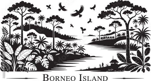 Borneo Island Scenery Silhouette Tropical Rainforest Landscape River Birds Black and White Vector Art