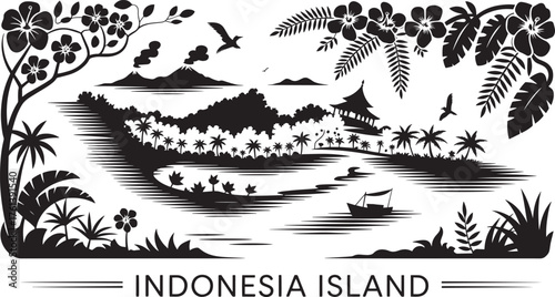 Indonesia Island Scenery with Volcanic Mountain Palm Trees Temple and Boat Tropical Vector