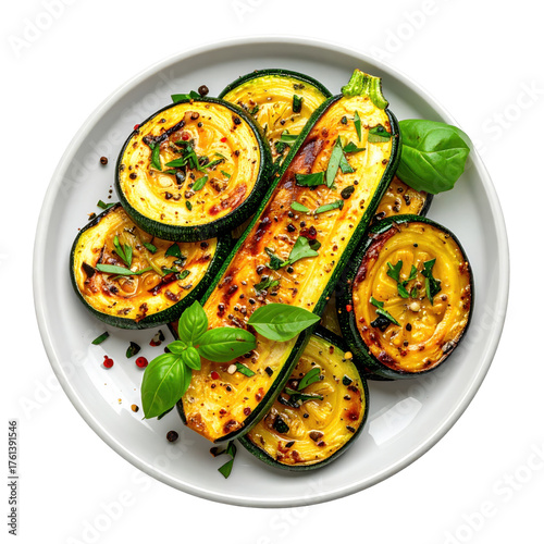 Grilled zucchini slices with herbs and spices on a white plate isolated white background