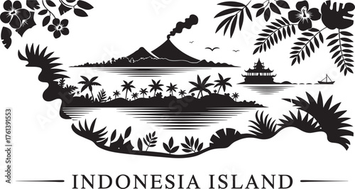Indonesia Island Silhouette with Volcano Temple Palm Trees and Boat Tropical Landscape Vector