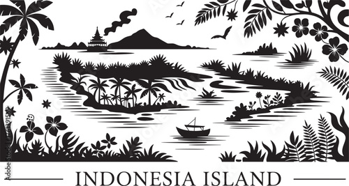 Indonesia Island Tropical Landscape with Temple Volcano and Fishing Boat Silhouette Vector