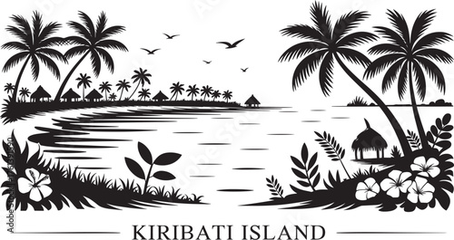 Kiribati Island Beach Silhouette with Palm Trees Huts and Ocean Tropical Vector