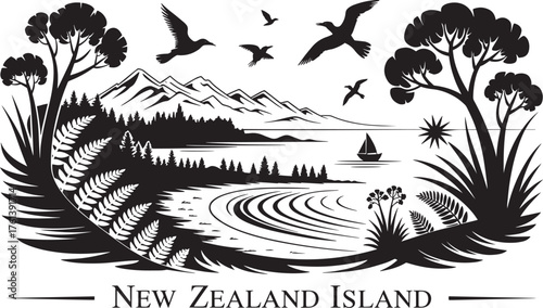 New Zealand Island Mountainous Landscape Silhouette with Lake, Forest, and Flying Birds