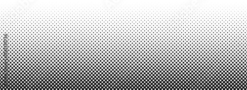 Halftone gradient texture background. Black and white squared pixels. Faded checkered gradation wallpaper. Abstract vanishing comic pop art backdrop. Vector repeating check raster effect overlay