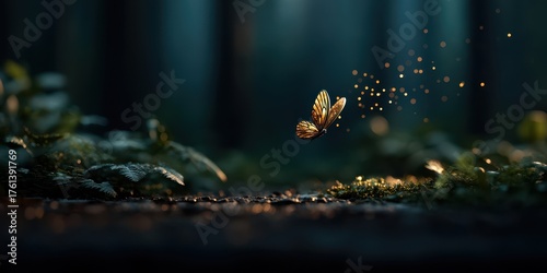 Backlit Highlight Fantasy concept. Delicate butterfly surrounded by enchanting sparkles in a forest setting.