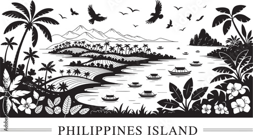Philippines Island Tropical Landscape with Mountains Rice Terraces Boats and Birds