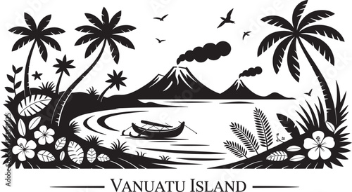 Vanuatu Island Scenery Silhouette Landscape Tropical Volcanic Island Black and White Vector Art