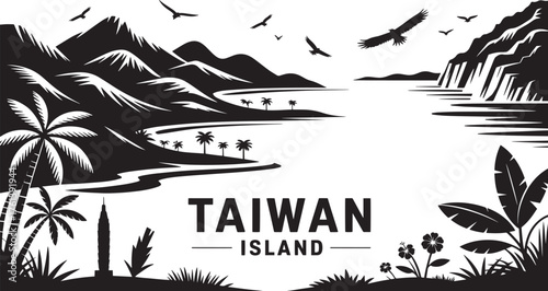 Taiwan Island beach scene silhouette with mountains tropical landscape and birds flying