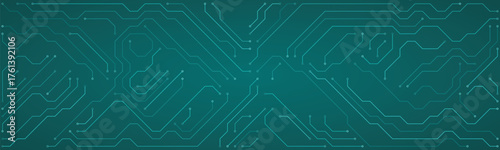 Futuristic teal circuit board pattern with intricate lines and nodes on a dark teal gradient background, representing technology and data flow