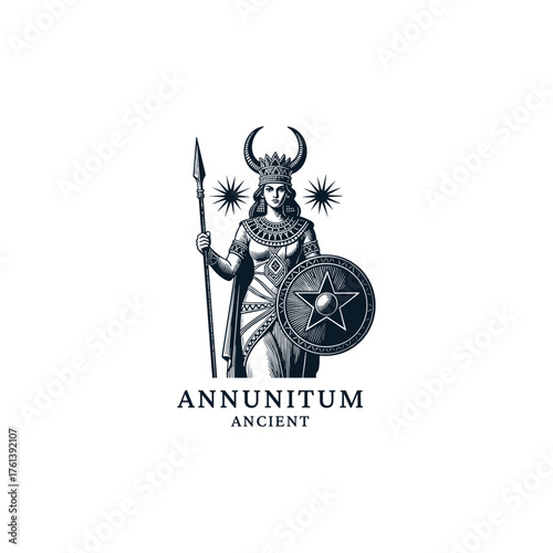 Vintage engraving of the Mesopotamian Goddess Annunitum, the warrior deity. This powerful logo features the goddess wearing a horned headdress, holding a spear and a patterned shield