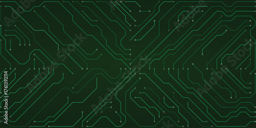 Vibrant green circuit board pattern with sharp lines and square nodes on a dark green gradient background, illustrating digital networks and electronic pathways