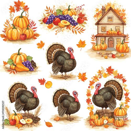 Happy thanksgiving autumn harvest turkeys pumpkins house leaves collection