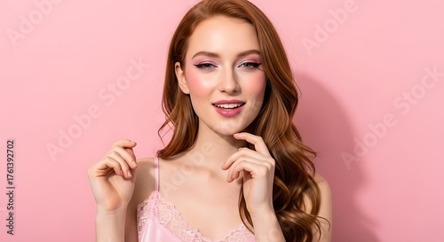 Beautiful woman with red hair and pink background.
