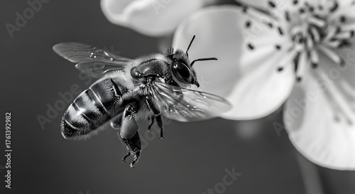 Bee in Flight Near Flower, Black and White Close-Up.
