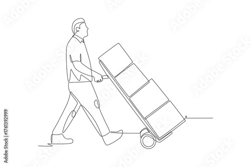 Men pushing loading carts. Loading carts concept one-line drawing