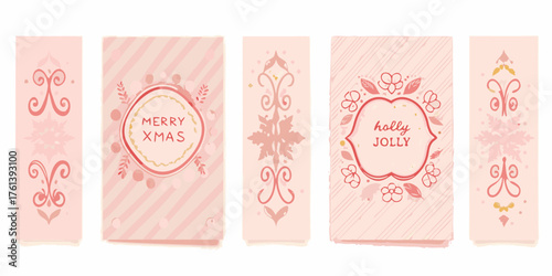 Collection of charming pink and gold christmas greeting card designs with festive floral and scrollwork elements