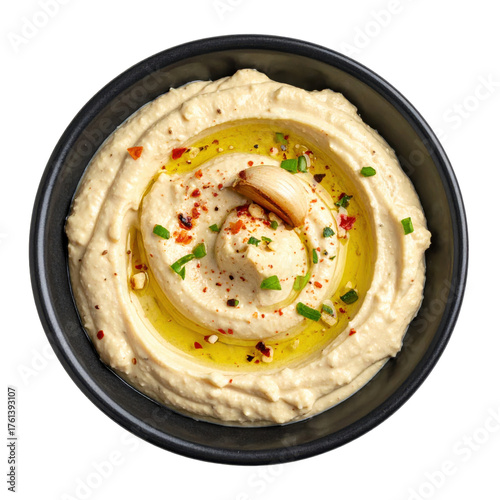 Overhead view of creamy hummus with olive oil garlic and garnishes in a black bowl