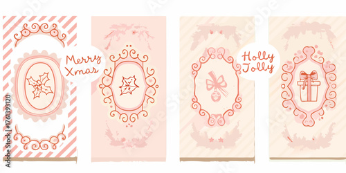 Four delicate pink christmas greeting card designs featuring holly mistletoe gift and ornaments