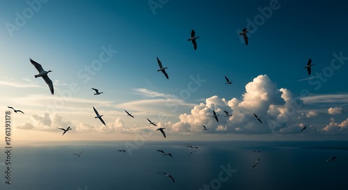 Birds soaring above the ocean under a beautiful cloudy sky.