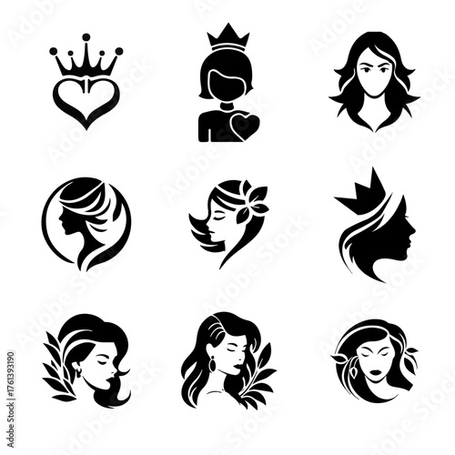 Collection of elegant female icons featuring crowns and floral accents