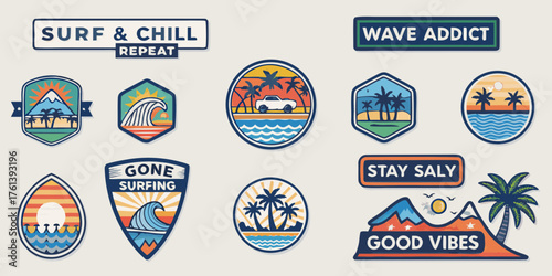 Collection of retro surf and beach themed patches with palm trees mountains waves and slogans