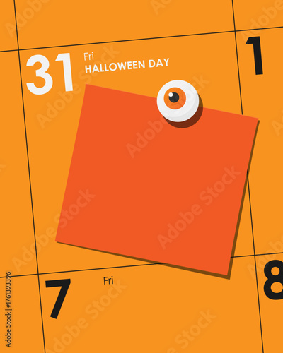 31 October Halloween day calendar template design with purple background and orange note for festive posts, party invites, planer and social media background. 