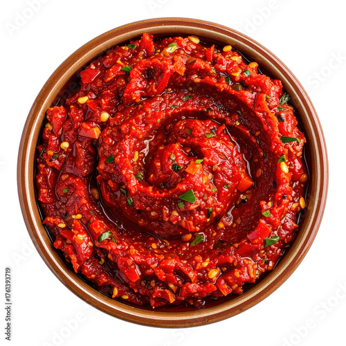 Spicy red pepper paste in a brown bowl overhead view isolated on white