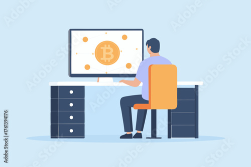 Man sitting at desk working on computer displaying bitcoin cryptocurrency network diagram