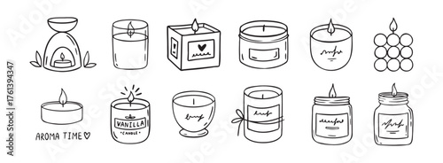 Candle doodle hand drawn icon set. Different shapes of wax candles, cubes, cylinders, balls. Burning candles