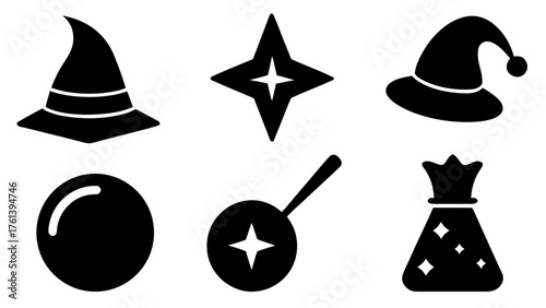 Assorted magical items including hats a star a crystal ball and a potion