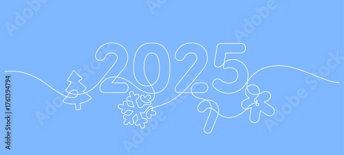 2025 christmas background one line drawing continuous decoration graphic. gingerbread man pinaceae candy cane and snowflake icon symbol element minimalist art thin line illustration