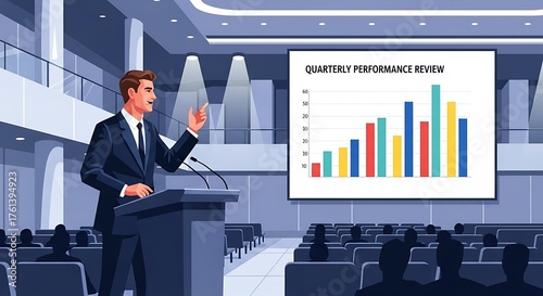 Businessman Presenting Quarterly Performance Review With Growth Chart On Screen.