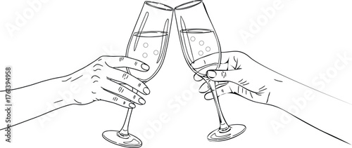 Two hands holding champagne flutes clinking together in a celebratory toast with sparkling wine bubbles