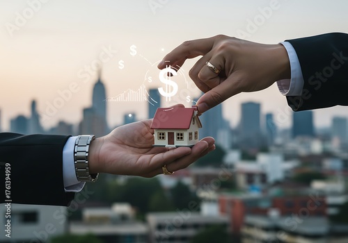 Businessmen exchanging a miniature house and dollar signs, symbolizing real estate investment and financial transactions.